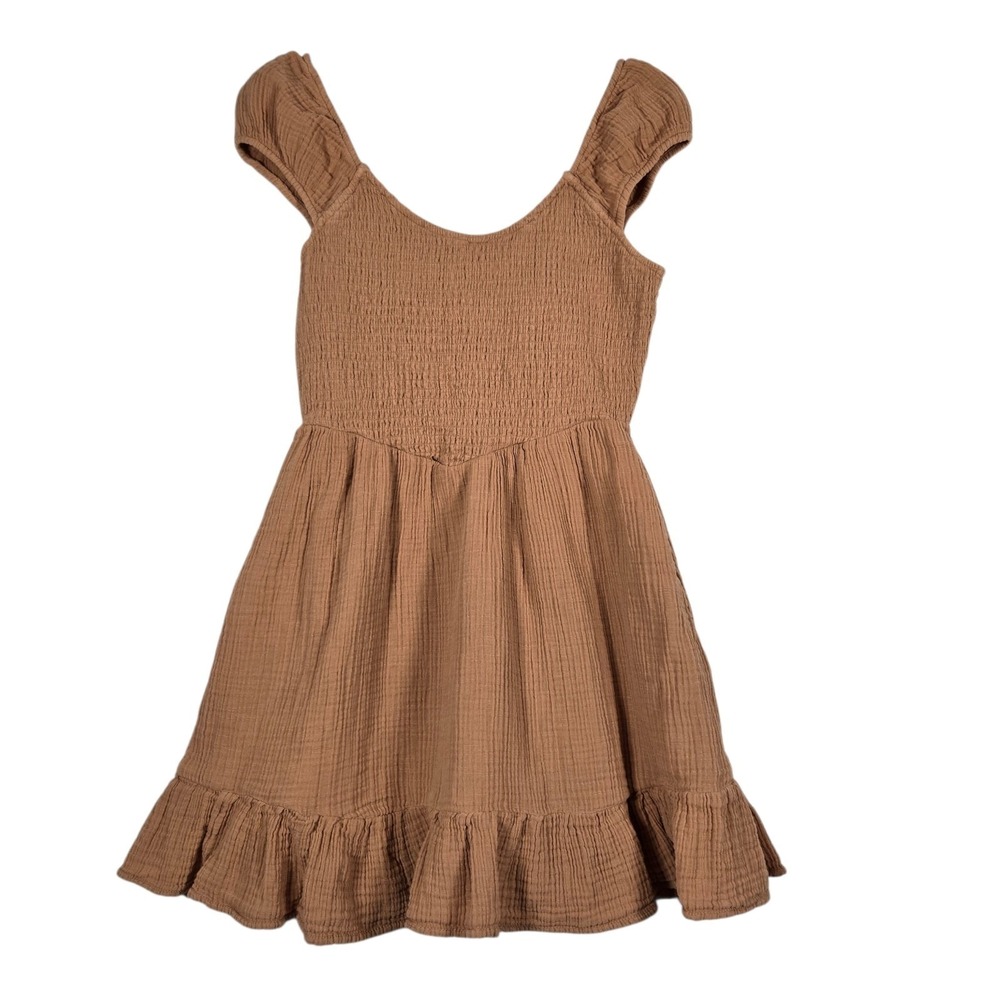 American Eagle Mini Dress‎ Womens Small Solid Light Brown Gauzy Smocked Cotton